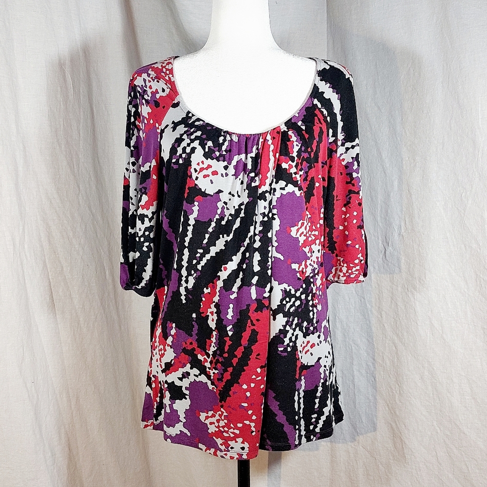 🔥HP Michael Kors purple red & black bishop sleeve drape-front tunic, XL, EUC